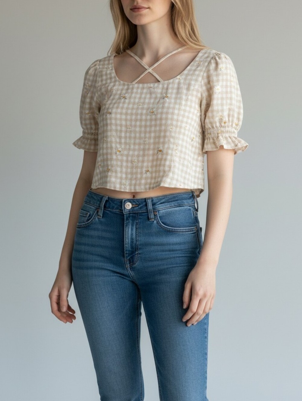 Kirious Emvroidered Floral Gingham Puff-Sleeve Tie-Back Top Womens L Cottagecore